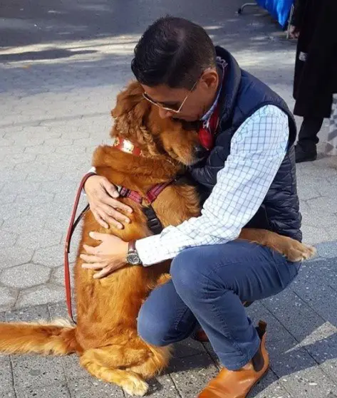 dog hugs people