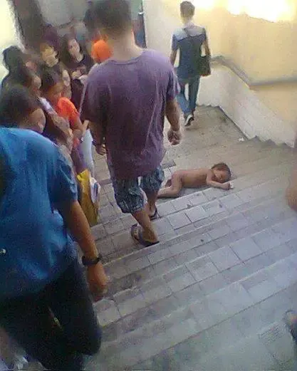 naked baby on the stairs