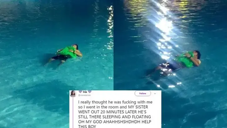 man sleeps in the pool